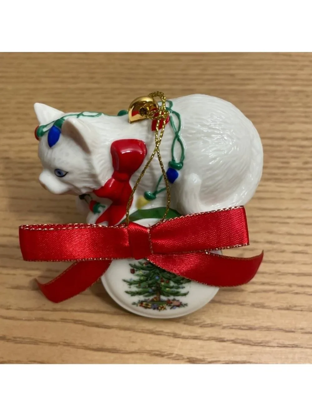 Spode Christmas Tree Cat Kitty Ornament w Lights and Red Bow Ceramic 3.5 Inches